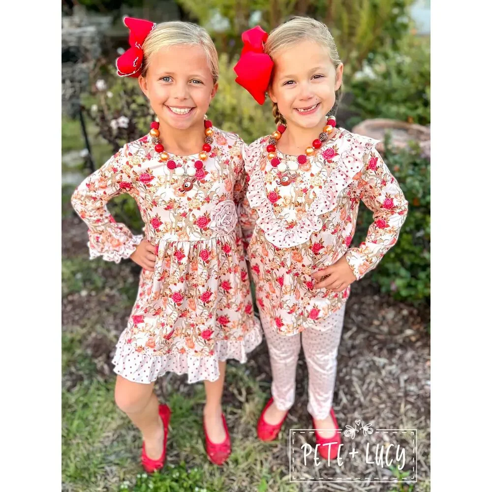Deer and Roses Ruffle Dress by PETE + LUCY Winter Holiday Girls 10/12 NEW
